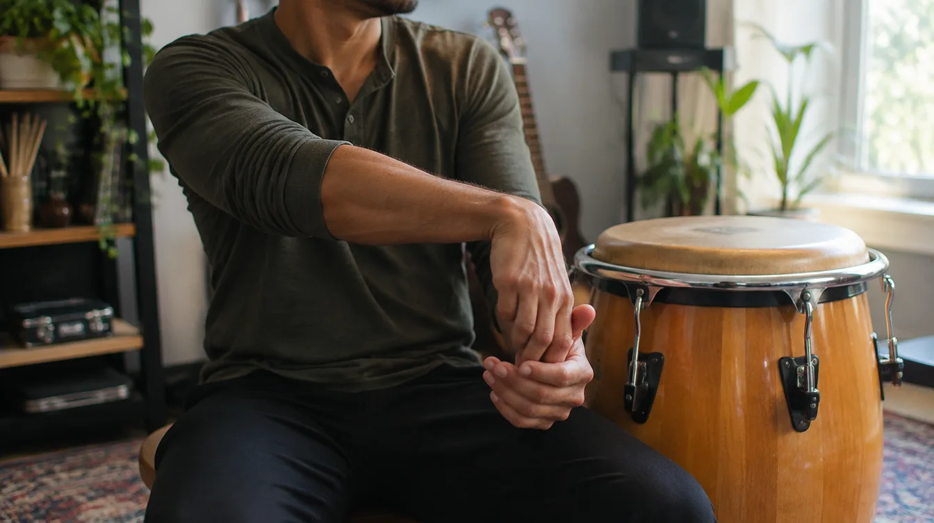 Ejercicios de calentamiento de muñecas antes de practicar técnica de congas