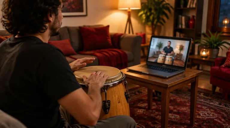 Alumno tomando una clase de conga online desde casa