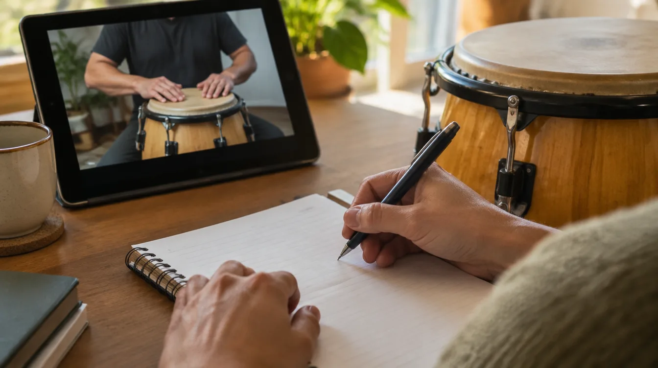 Tomando notas mientras sigue clases de conga online