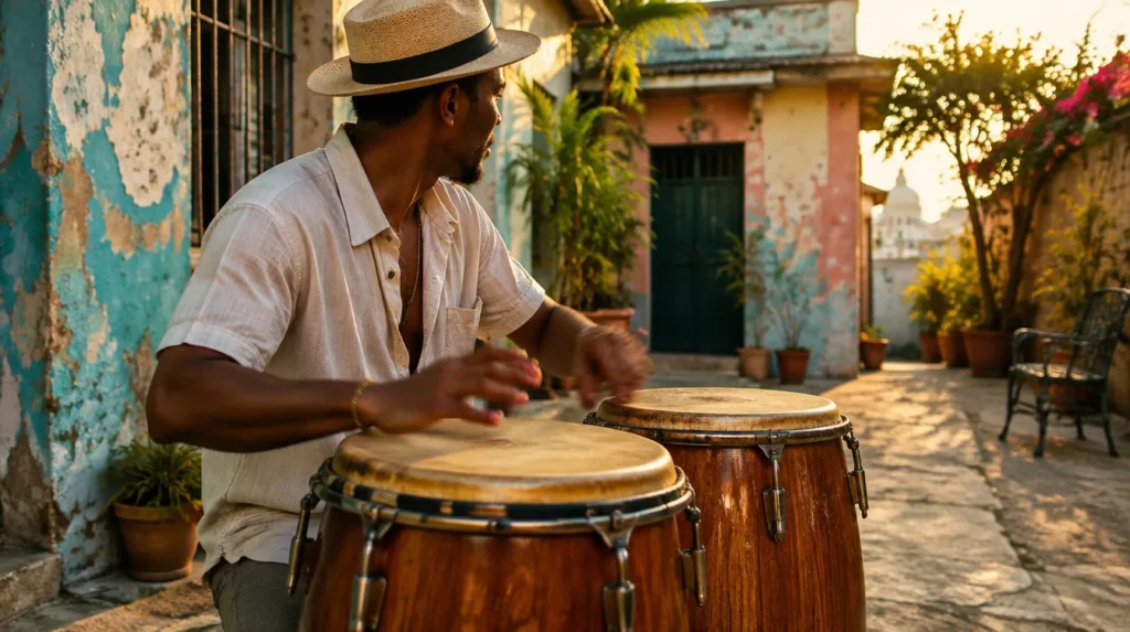 Conguero tocando ritmos afrocubanos en un patio de La Habana